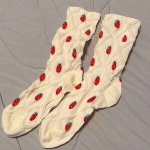 Strawberry Patterned Cream Socks